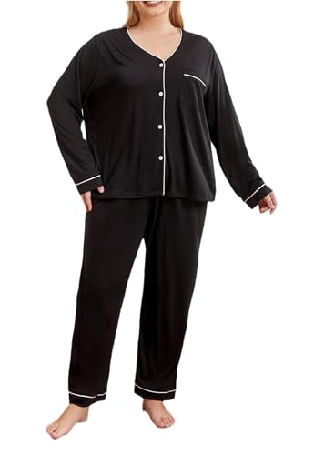 Pyjama lounge grande taille ensemble de nuit noir fluide col V manches longues