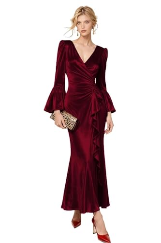 HAIGORO Burgundy Velvet Formal Dresses Elegant V Neck Bridesmaid Dresses Long Sleeve Women Formal Dress with Long Sleeves Size 16W