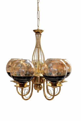 Image of Weldecor Golden Metal Chandelier /Jhumar Light, 5 Glass Hanging Pendant lamp Ceiling Lights, Luxury Modern Vintage Decorative Lighting for Dining Room, Living Room, Hall & Home Interior