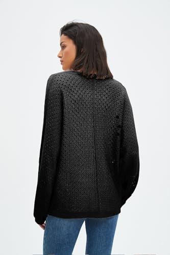 Image of EZAPINE Women's Oversized Crochet Sweater Pullover Drawstring Long Sleeve Button Hollow Out Knit Crochet Top Blouses