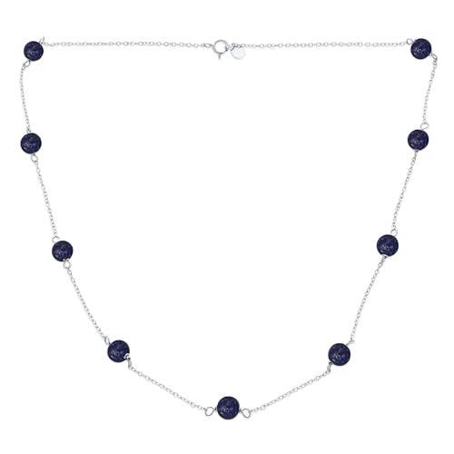 Collier Délicat Et Simple En Pierre Précieuse Authentique De Lapis Lazuli Bleu Avec Chaîne À Perles Rondes Et Coupelles En Étain Pour Femmes En Argent Sterling .925 De 18 Pouces De Longueur