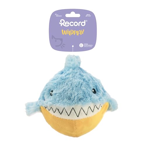 Record - Gioco per Cani Bubble in Peluche Senza Imbottitura con Palla in Gomma – Palla per Cani con Rimbalzo Imprevedibile, Squeaker ed Effetto Crunchy per Gioco Attivo e Sicuro | Squalo, 17,7 cm