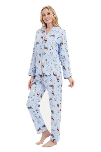 GLOBAL Schlafanzüge Damen Flanell | Baumwolle Damen Pyjama Set | Zweiteiliger Nachtwäsche Damen Pjs Set Lang | Knopfleiste vorne und Kordelzug...