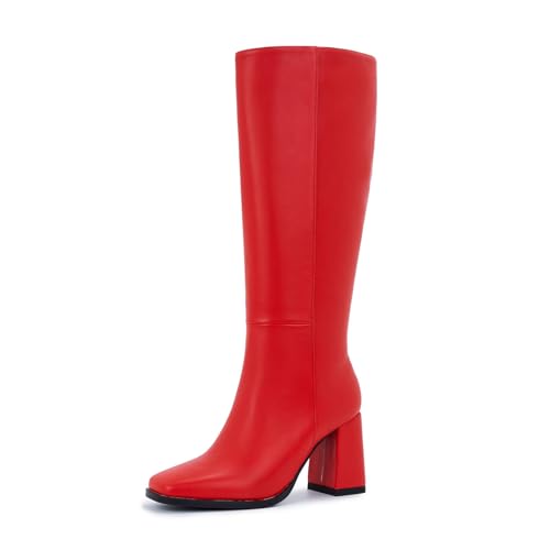 Image of Knee High Boots for Women - Wide Calf Boots with Zipper, Square Toe Tall Leather Boots, Chunky Heel Fashion Long Boots