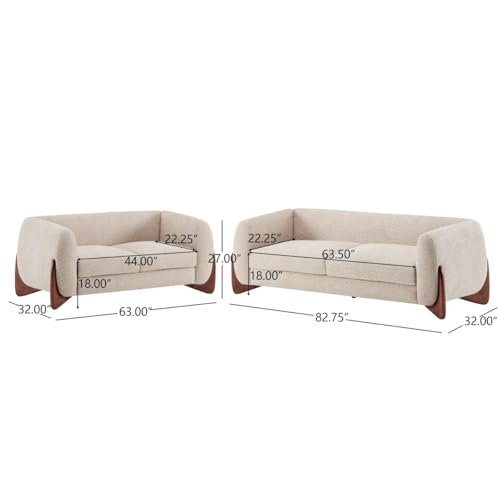 Image of Upholstered 3 Seater Sofa Three Seater Sofa with Wooden Legs for Living Room Hotels & Offices (3+2 Beige Boucle)