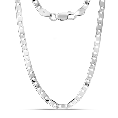 Image of TRUESILVER ACPL Solid 925 Sterling Silver Italian 3 MM, 4 MM Diamond-Cut Solid Flat Mariner Link Chain Necklace for Women Men with Lobster Clasp (20, 22, 24 Inches)