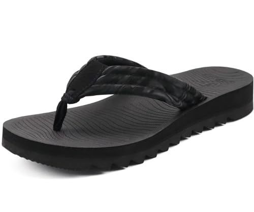 COFACE Womens Arch Support Flip Flops Yoga Mat Memory Foam Comfortable Thick Cushion Walking Thong Sandals Ladies Slip On Summer Beach Pool Orthotic Recovery Plantar Fasciitis Slippers Black Size 9