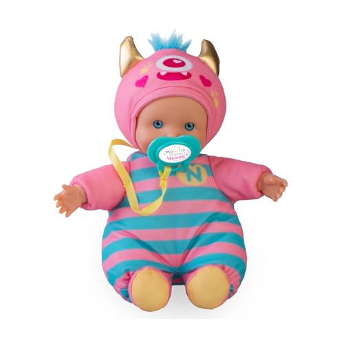 Nenuco Monster Friends Pink, Mini Muñecos Bebé Monstruitos de 15 cm, Cuerpo Blandito y Vestido con un Diseño de Color Rosa Pastel, Chupete Personalizado, Colecciona los Modelos, Famosa (NFNB1100)