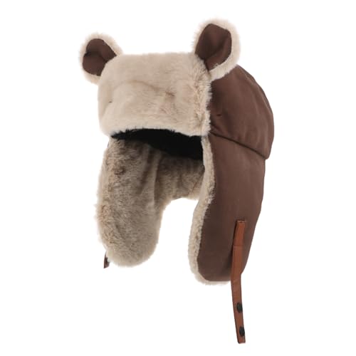 Mipcase Cute Bear Ears Hat Plush Thermal Headgear for Outdoor Activities for Riding Skiing and Adventures Coffee