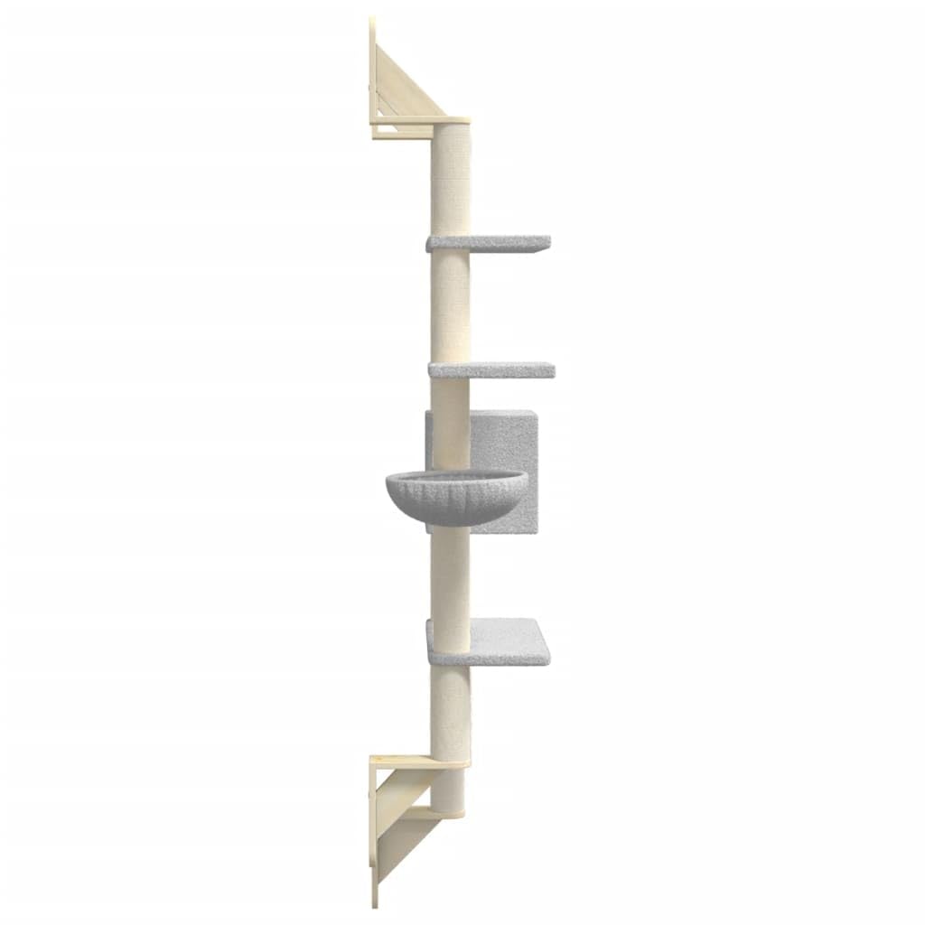 Rascador con columna rascadora, montaje en pared, color gris claro, 180 cm, para cuidado de las garras de sisal, superficies de descanso de felpa, muebles para gatos estables, ahorra espacio