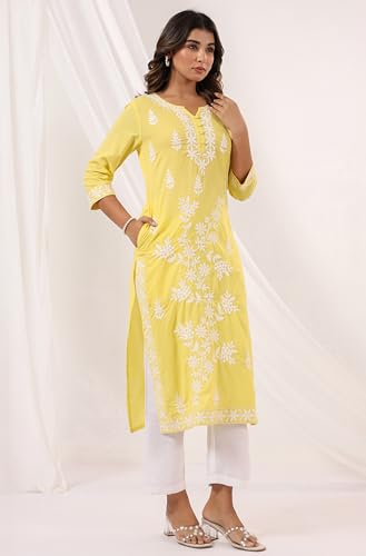 Image of Janasya Women's Pure Cotton Embroidered Straight Kurta