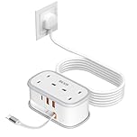 Travel Extension Lead, BEVA Power Strip with Retractable USB C Cable, 2 Way Power Socket with 3 USB Ports (1 USB C), 1.5M Extension Cable Cords for Cruise Travel Hotel Home Office Camping - White