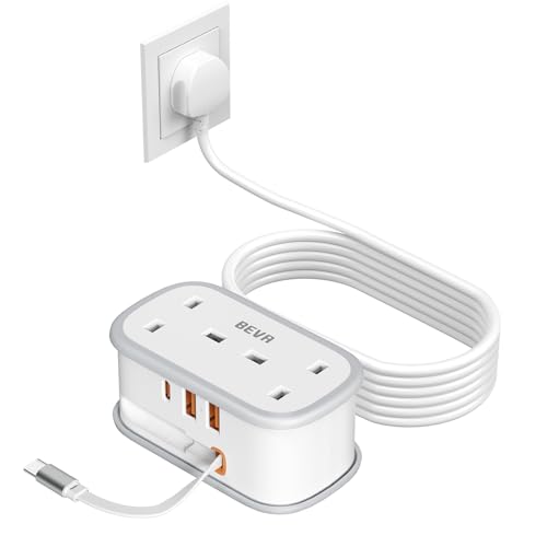 Travel Extension Lead BEVA Power Strip with Retractable USB C Cable 2 Way Power Socket with 3 USB Ports (1 USB C) 1.5M Extension Cable Cords for Cruise Travel Hotel Home Office Camping - White