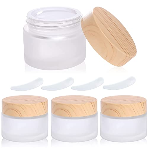 ODOOKON 4 Pièces 50g / 50ml Contenant Cosmétique Vide verre Transparente Petite Pots avec Mini Spatule pour Crème/Échantillons/Poudre/Lotion, Bidon Vide Givré Petit Pot de Voyage Rond en Verre