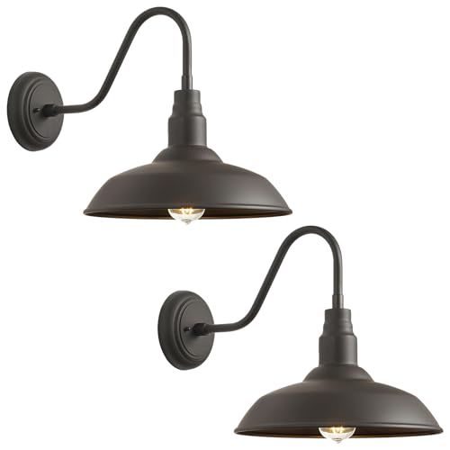 Image of 2 Pack Outdoor Barn Farmhouse Light with 14in Dome, Exterior Gooseneck Lights Fixture for House, Dark Bronze Outside Wall Mount for Porch, Patio, Entryways