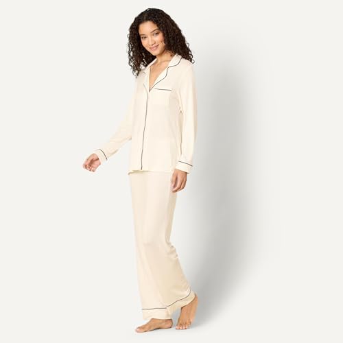 Image of Amazon Essentials x Sofia Grainge Women's Stretch Modal Long-Sleeve Button-Front Top and Full-Length Bottom Pajama Set