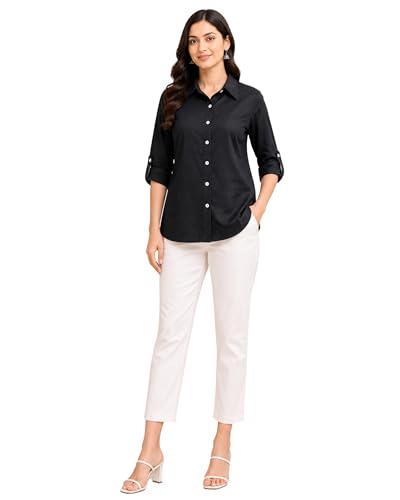 Image of Women's Button-Down Shirt, Long Sleeve, Collared Blouse, Relaxed Fit, Casual and Office Wear