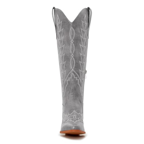 Image of Uillnoodu Wide Calf Cowboy Boots Women Knee High Tall Western Cowgirl Boots Adjustable Lace Up Plus Size Comfortable 2-Inch Heel