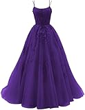 HYEC7 Women's Spaghetti Straps Tulle Prom Dresses Long Lace Appliques Ball Gown Formal Evening Party Gowns Purple