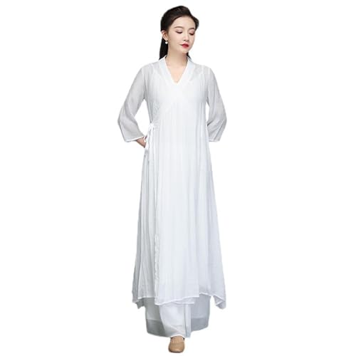 Damen Kung Fu Kampfsport Uniformen Baumwolle Leinen Tai Chi Kleidung Traditioneller chinesischer Zen-Meditationsanzug Morgengymnastik-Outfit,White-M