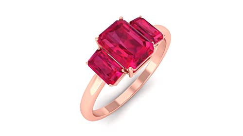Anillo de boda de cristal de rubí certificado de 2,25 ct, declaración de mujeres, anillo de tres piedras, forma octogonal, 14K Oro rosa, Size:EU 70