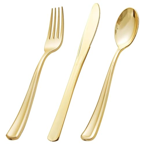 30 PCS Gold Kunststoff-Besteck-Set,Plastikbesteck,Plastic Besteck strapazierfähige Utensilien für Party&Hochzeit,Mehrweg-Besteckset Plastik Party...