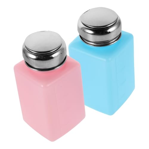 Mobestech 2pcs Anti Static Press down Solvent Alcohol Dispenser Bottles 200ml Refillable Push Pump Container Set Blue and Pink for Manicure and Cleaning