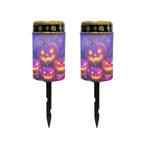 Image of Poceacles Halloween Solar Candle Cemetery Solar Lights for Grave LED Garden Flameless Powered Pathway Lights Outdoor Waterproof with Dusk to Dawn Sensor, Pumpkin Violet, Set of 2