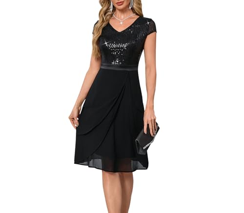Women’s Short Sleeve Sequin V Neck Cocktail Dress Elegant Draped Chiffon Midi Dress for Party Wedding Evening