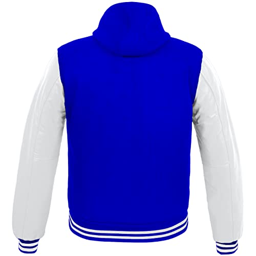 Image of Deckra Men's Varsity Jacket Genuine Leather Sleeve and Wool Blend Letterman Boys College Varsity Jackets with Hood XXS-5XL