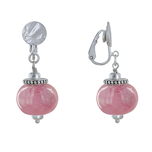 LES POULETTES BIJOUX - Boucles d'Oreilles Clip Métal Argenté et Grosses Perles en Céramique - Rose