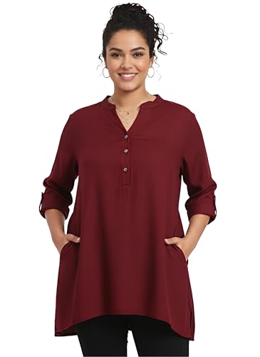 Image of Women's Roll-Up Sleeve Tunic Top, V-Neck with Button Front, Side Pockets, Rayon Short Kurti