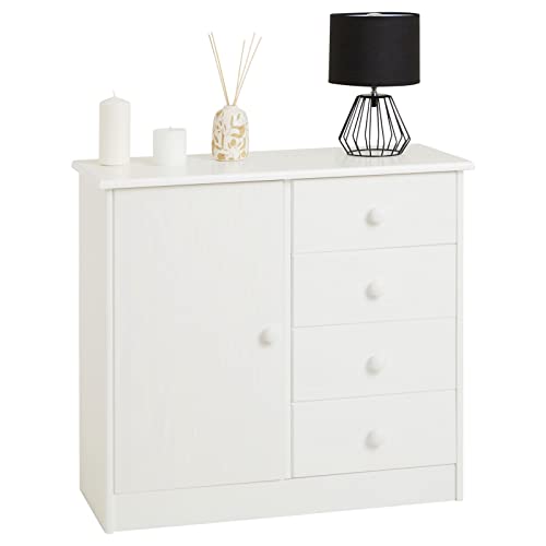 IDIMEX Commode en pin Massif Blanc Rondo Buffet Meuble de Rangement avec 4 tiroirs et Une Porte
