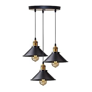 3 Lumières Suspension Rétro Industriel Plafonniers Design Edison Métal Lustre Suspension avec Support de Plaque Circulaire, Ø 22cm, Noir