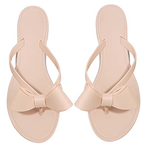 Image of TYFLOVE Women Rivet Flip Flops Studded Jelly Thong Sandals with Bow Summer Bowtie Flat Beach Rain Shoes
