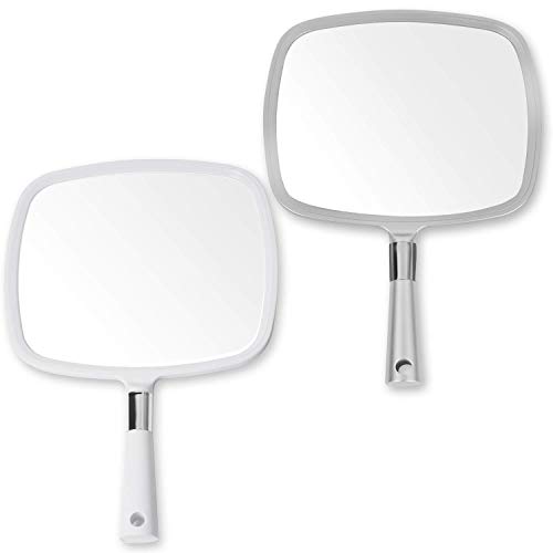 Mirrorvana Large & Comfy Hand Held Mirror with Handle - Professional Salon Model in White and Mirrorvana Large & Comfy Hand Held Mirror with Handle - Professional Salon Style in Silver Bundle