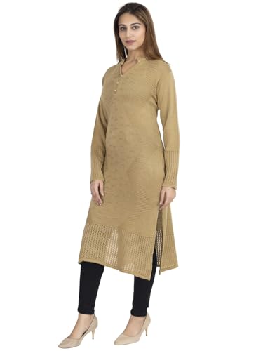 Image of Rosary Women's Winter Woolen Kurti Knitted Solid Straight Fit Ethnic Wear with 2 Side Pockets Light Camel