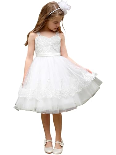 ABAO SISTER White Lace Embroidered Spaghetti Straps Tulle Short Flower Girl Dress with Back Bow