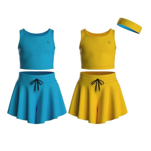 Image of Flowy Girls Butterfly Shorts Skirts w /Pockets & Athletic Sleeveless Tank Tops, Dance Tennis Cheer Running (5pc Set)