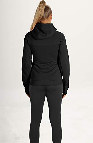 icyzone Damen Sportjacke Laufjacke voll Zip Trainingsjacke mit Kapuze, Fitness Hoodie Langarm Shirt im Winter (L, Schwarz)