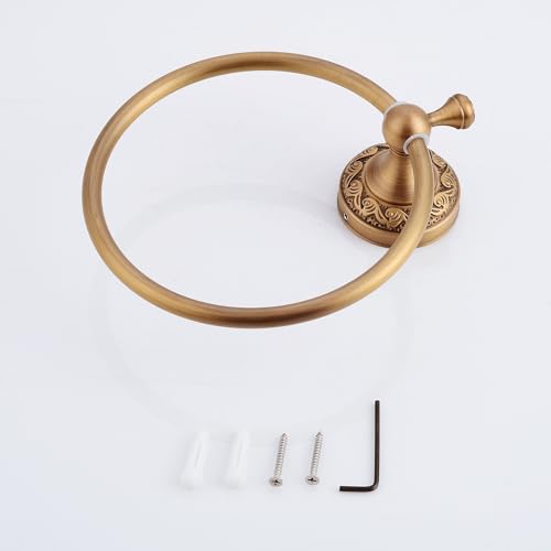 Image of Wall Mounted Bathroom Towel Ring, Bath Towel Hanger Antique Brass Pattern Carving,Brushed Bronze