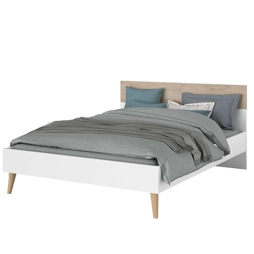 Miroytengo Cama Osaka Dormitorio Matrimonio Estilo Nórdico Color Roble Japonés y Blanco 135-140x190 cm