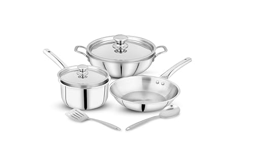 Image of Pigeon Trinity Triply 7 Pc Stainless Steel Cookware Set - Kadai 2.1Ltr with Lid | Fry Pan 1.2Ltr| Saucepan 1.7Ltr with Lid| 2 Ladles | ISI Certified | Induction & Gas Stove Compatibles