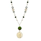 Elisheva Fashion Long Pendant Necklace for Women, Boho Fashion, Chunky Silver/Gold Disc Circle Pendant Tassel Y-Necklace, Vintage & Elegance, Sweater Chain Necklace, Sea Shell Beaded Jewelry (olive green)