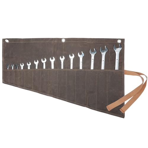 Roll Up Wrench Bag | 14 Pockets Tool Roll for Wrench Set£¬ Heavy Duty 16oz Waxed Canvas Tool Roll | 70x45cm | Grey