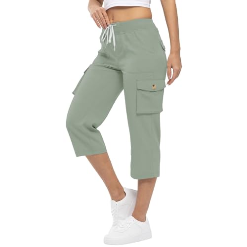 EQWIGKEIT Pantalones deportivos para mujer 3/4 transpirables pantalones cortos informales cómodos pantalones de senderismo de verano tres cuartos pantalones de verano hasta la rodilla con bolsillos