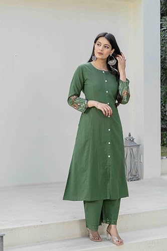 Image of Pistaa's Women Cotton Elegant Off-White Floral Embroidered Sleeves Kurta Palazzo Set