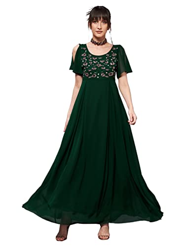 Image of Miss Chase Women's Round Neck Sleeve Embellished Fit Flare Maxi Dress