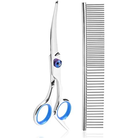 Pet Grooming Scissors with Combs, Safety Round Tip Curved Scissors, Stainless Steel Shears for Cutting Pets Face and Long Hair Cover
