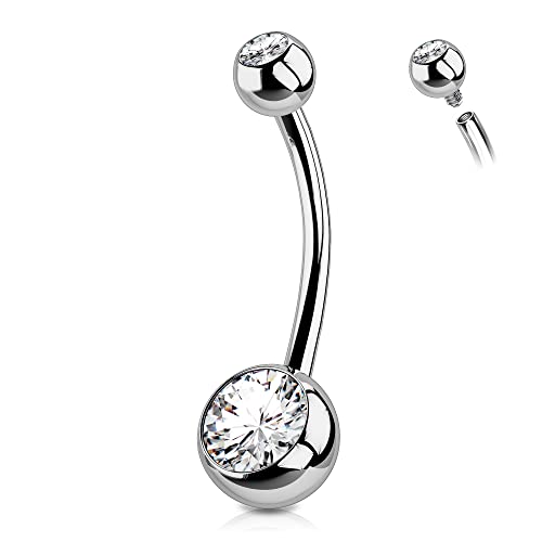 OUFER Titanium Long Belly Button Rings Internally Threaded 14mm Navel Piercing Jewelry Round CZ Belly Ring for Women